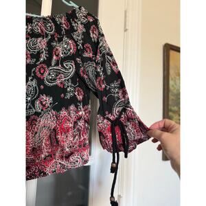 Zara Off Shoulder Peasant Top Black Red Paisley Smocked Boho Blouse Size S